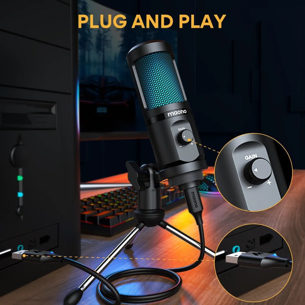 MAONO PM461TR USB gaming microphone Kenya in gaming room showing gain control knob close-up and USB-A plug detail