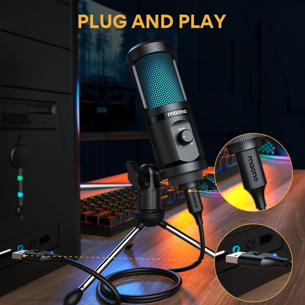 MAONO PM461TR USB gaming microphone Kenya on desk with USB-B port and cable connector close-up callouts in gaming setup
