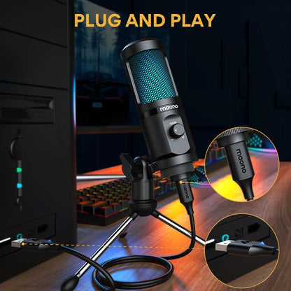 MAONO PM461TR USB gaming microphone Kenya on desk with USB-B port and cable connector close-up callouts in gaming setup