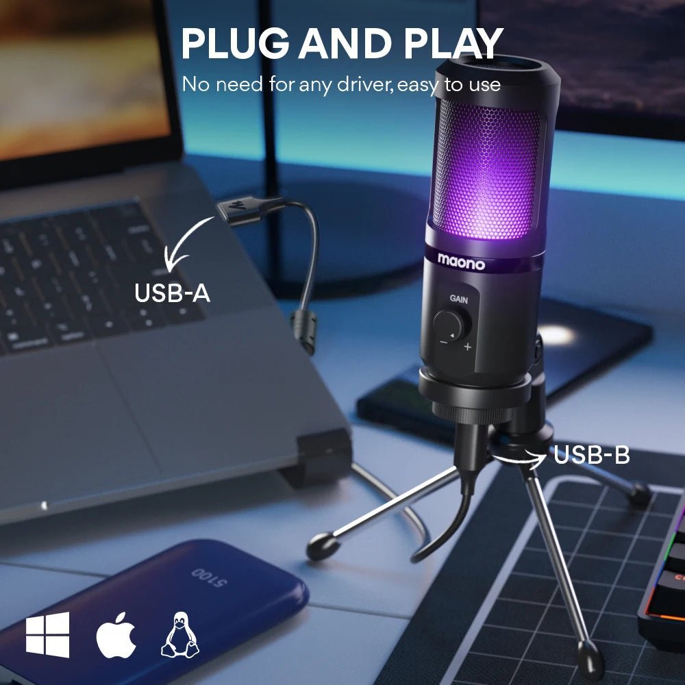 MAONO PM461TR USB gaming microphone Kenya plug and play setup on desk with purple RGB glow, USB-A and USB-B ports labelled