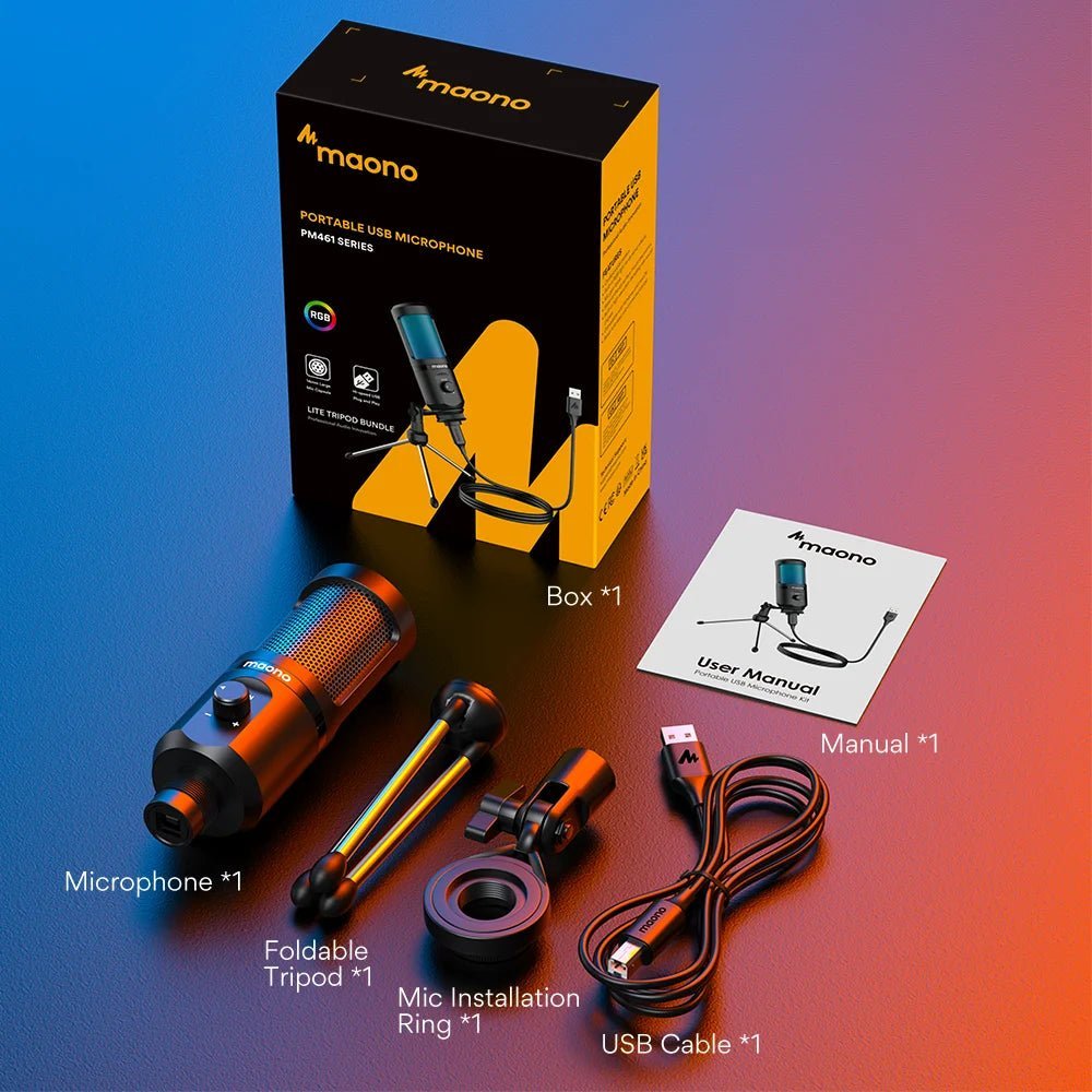 MAONO PM461TR USB gaming microphone Kenya full box contents including mic, foldable tripod, installation ring, USB cable and manual