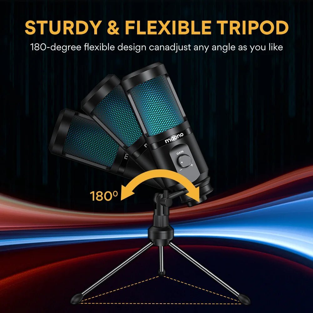 MAONO PM461TR USB gaming microphone Kenya demonstrating 180-degree flexible tripod tilt range with teal RGB lighting