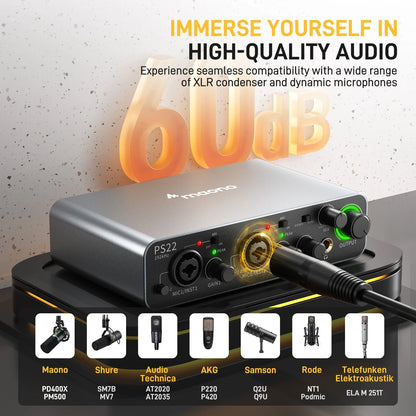 MAONO - PS22 USB Audio Interface – 60dB Pro - Preamp, 24bit 192kHz Dual USB Interface for PC & Smartphone with Routing Software - ZAMAR AUDIO SOLUTIONS