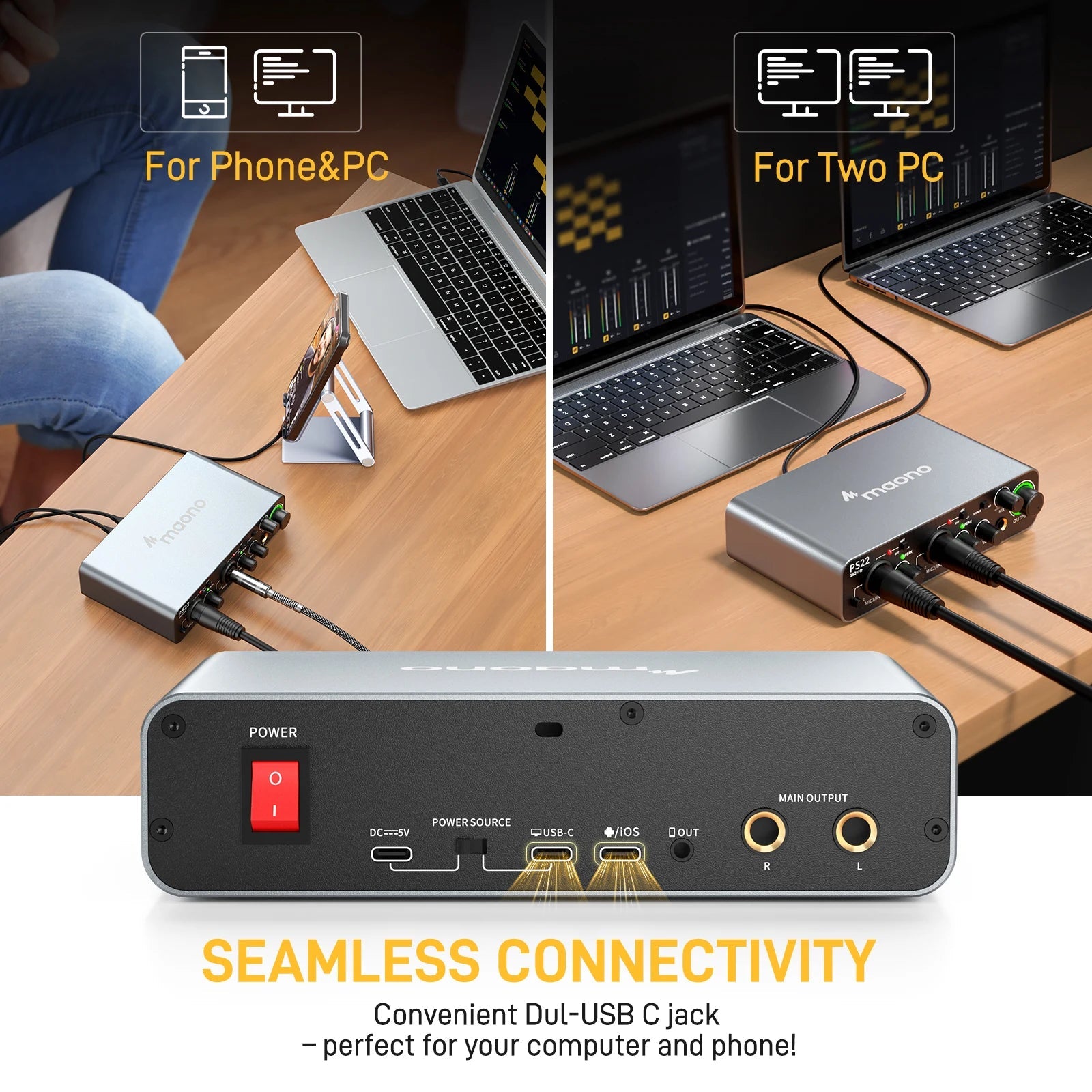MAONO - PS22 USB Audio Interface – 60dB Pro - Preamp, 24bit 192kHz Dual USB Interface for PC & Smartphone with Routing Software - ZAMAR AUDIO SOLUTIONS