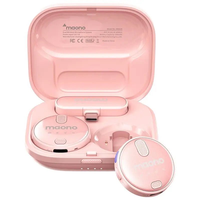 MAONO WM620 wireless lavalier microphone Kenya in pink colour variant – transmitter and receiver seated in open charging case