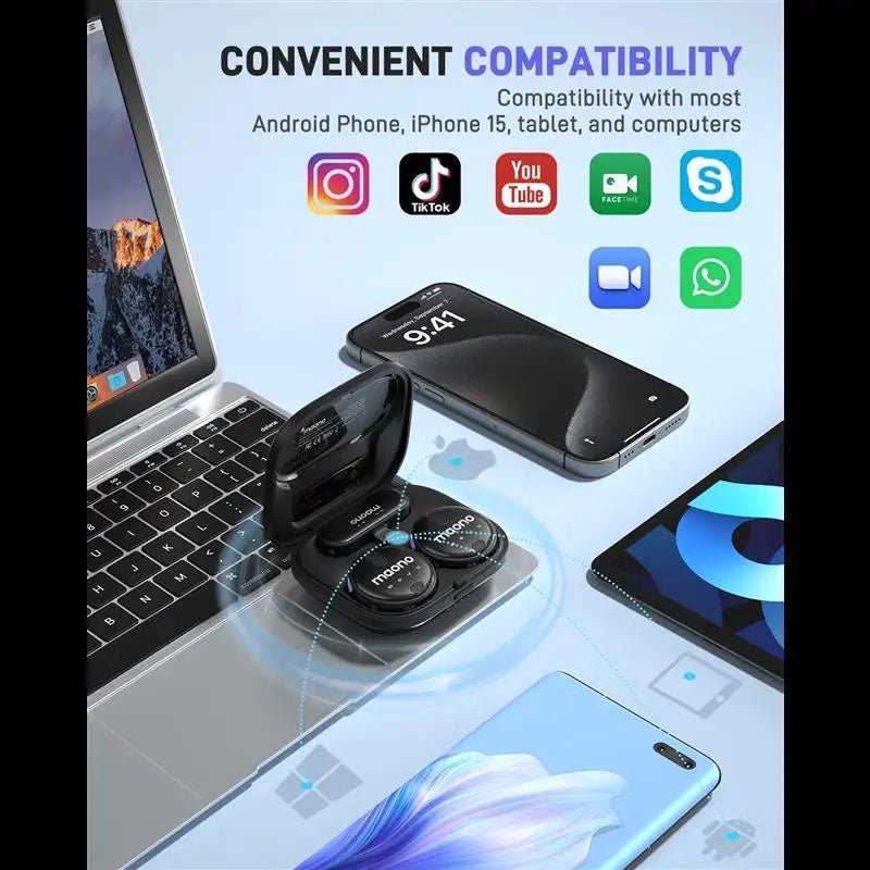 MAONO WM620 wireless lavalier microphone Kenya compatibility graphic showing TikTok, YouTube, Instagram, Zoom, WhatsApp, Android, iPhone, tablet, and laptop