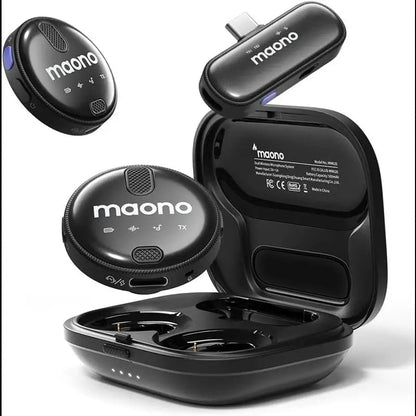 MAONO WM620 wireless lavalier microphone Kenya – black dual transmitter, USB-C receiver, and charging case exploded view
