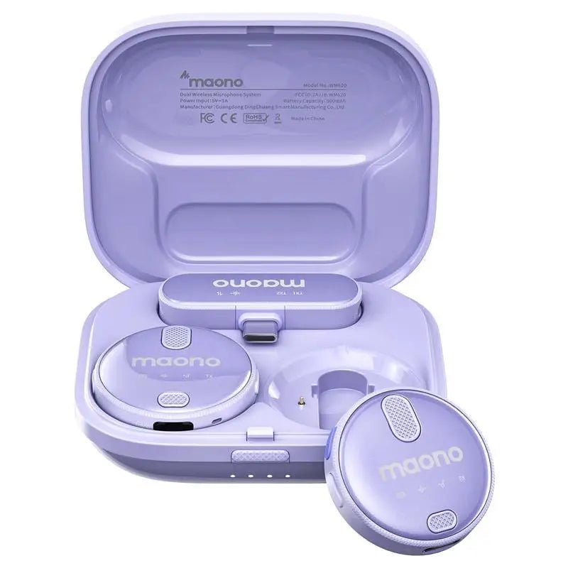 MAONO WM620 wireless lavalier microphone Kenya in purple colour variant – transmitter and receiver seated in open charging case