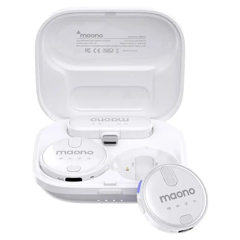 MAONO WM620 wireless lavalier microphone Kenya in white colour variant – transmitter and receiver seated in open charging case