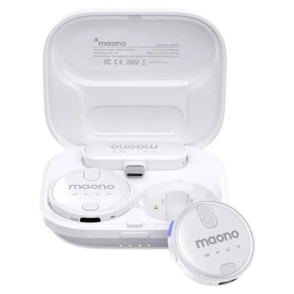 MAONO WM620 wireless lavalier microphone Kenya in white colour variant – transmitter and receiver seated in open charging case
