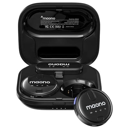 MAONO WM620 wireless lavalier microphone Kenya in black – open charging case showing transmitter controls, USB-C receiver, and second transmitter beside case