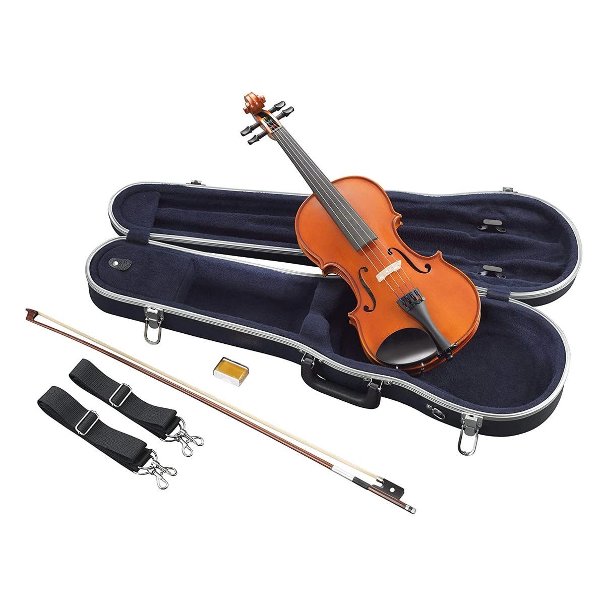 Maple Leaf violin Kenya full kit — violin resting in open hard case with bow, rosin and shoulder straps laid out