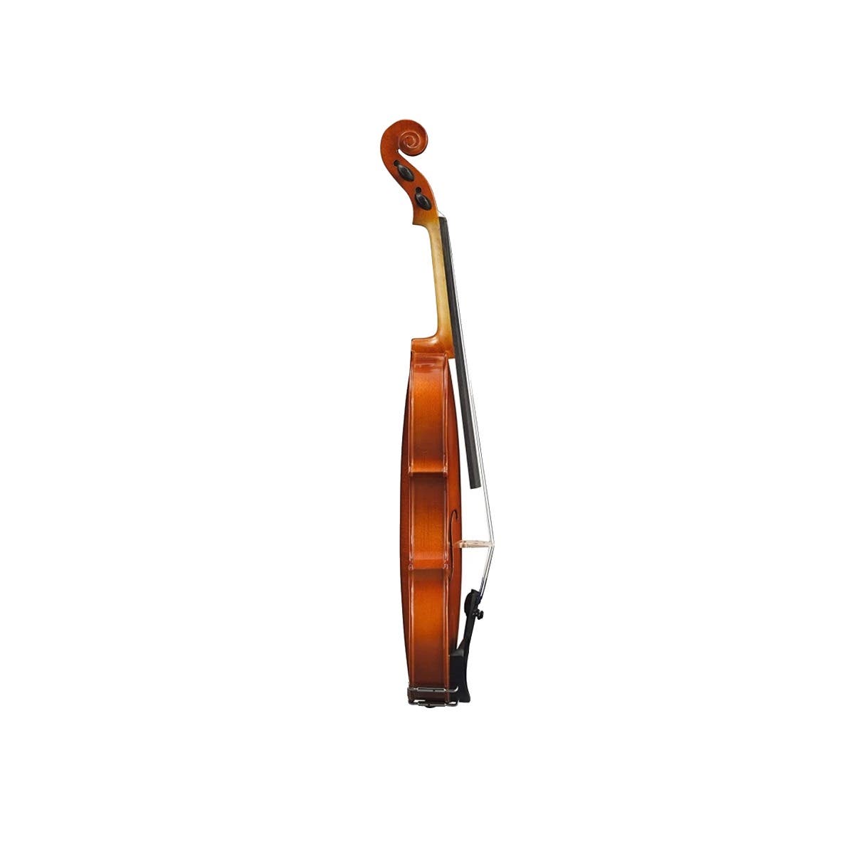 Maple Leaf violin Kenya — side profile showing maple body depth, scroll, neck angle and bow resting against body