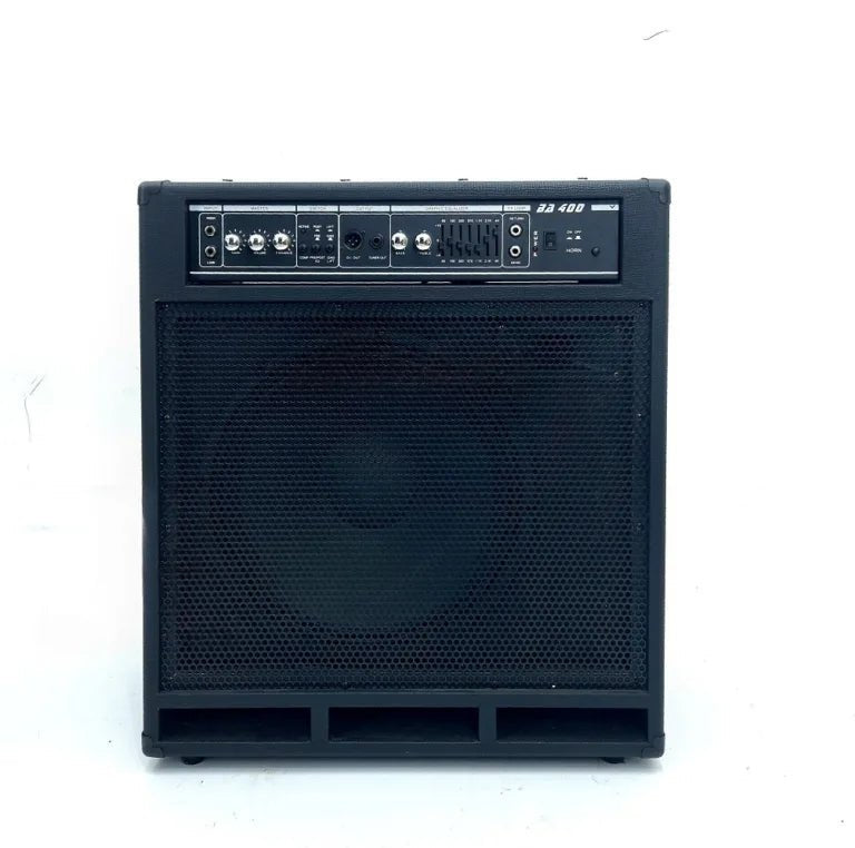 Marshall BA400 bass amp Kenya — straight-on front view showing full control panel, 15" woofer grille, and cabinet feet