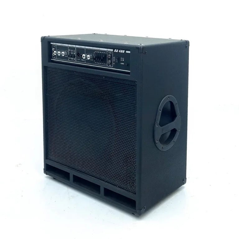 Marshall BA400 bass amp Kenya — 3/4 front-left angle showing mesh grille, top control panel, and side carry handle