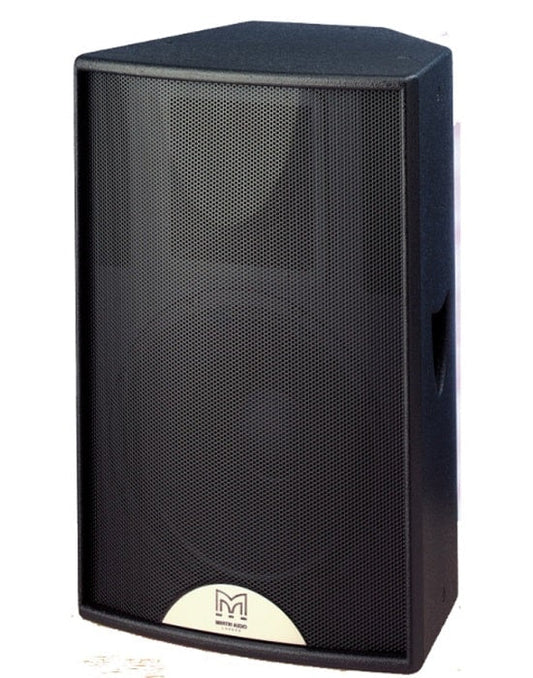 Martin Audio Blackline F12+ Kenya — front 3/4 view, black cabinet with full metal grille and Martin Audio badge