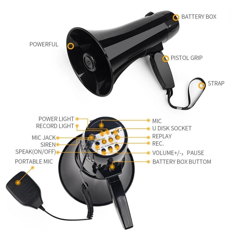 Mealivos 35W Bullhorn Megaphone Speaker – Portable Handheld Amplifier with Built-in Siren, USB Flash Drive, and 240S Recording – Ideal for Events & Emergencies - ZAMAR AUDIO SOLUTIONS