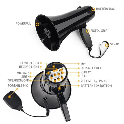 Mealivos 35W Bullhorn Megaphone Speaker – Portable Handheld Amplifier with Built-in Siren, USB Flash Drive, and 240S Recording – Ideal for Events & Emergencies - ZAMAR AUDIO SOLUTIONS