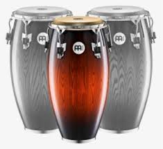 Menyl conga drums Kenya — three-drum display, hardwood shells, sunburst and dark finishes, front view