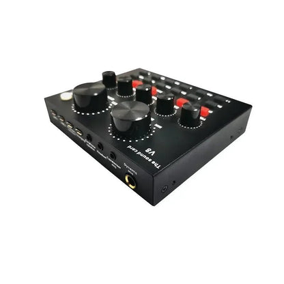 V8 Sound Card Kenya angled rear view showing dynamic mic input, condenser mic port, and side knob layout