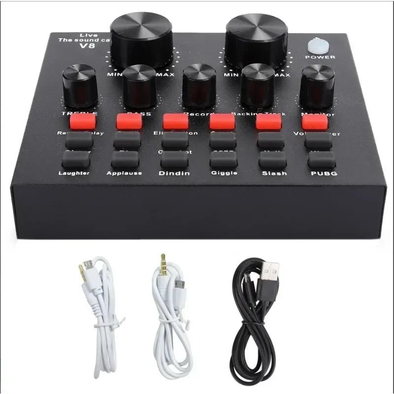 V8 Sound Card Kenya top-down view with included micro-USB, 3.5mm, and USB-A cables laid below unit