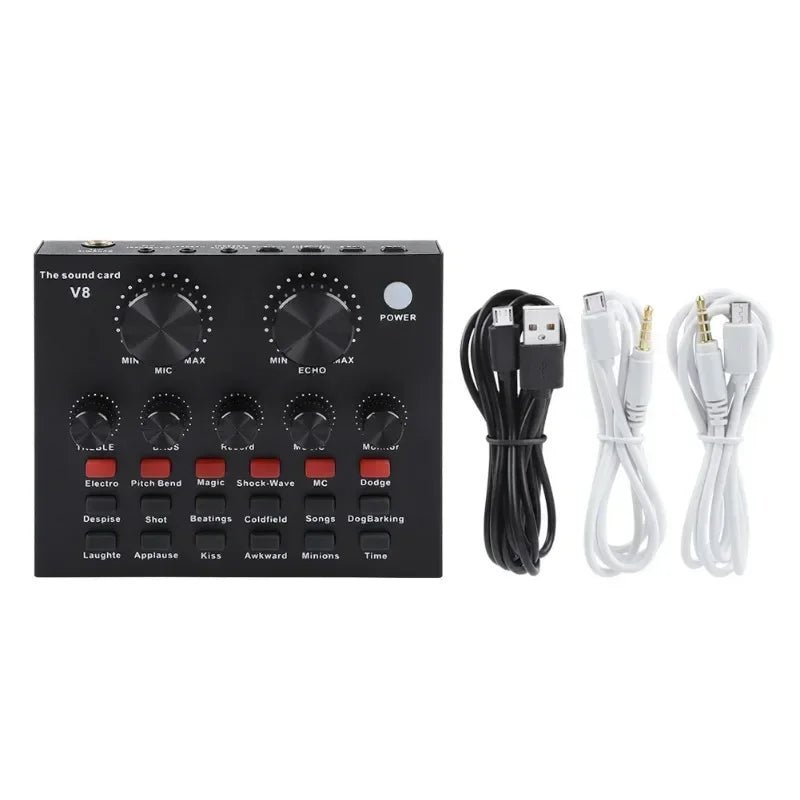 V8 Sound Card Kenya displayed with USB, 3.5mm, and micro-USB cables included in the box