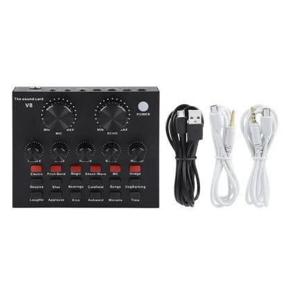 V8 Sound Card Kenya displayed with USB, 3.5mm, and micro-USB cables included in the box
