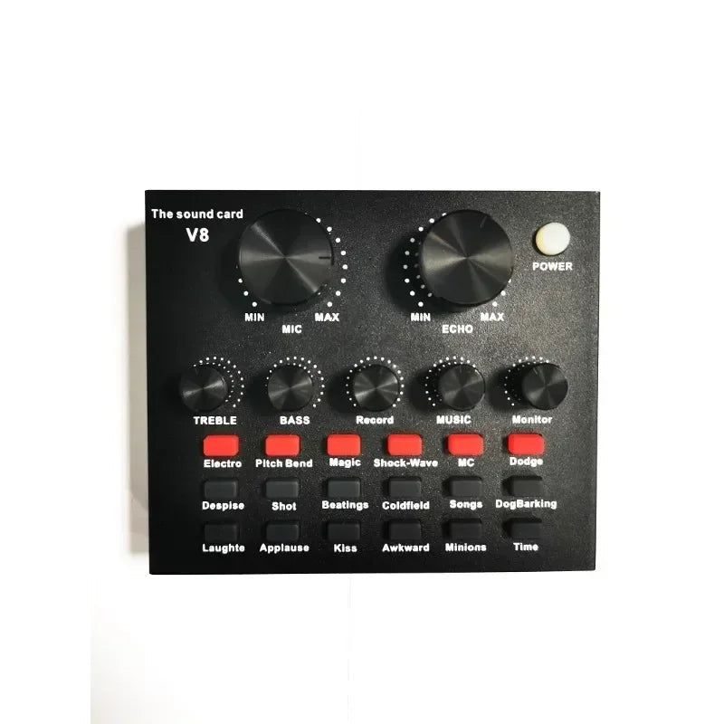 V8 Sound Card Kenya top panel with Electro, Pitch Bend, Magic, Shock-Wave, MC and Dodge effect buttons visible
