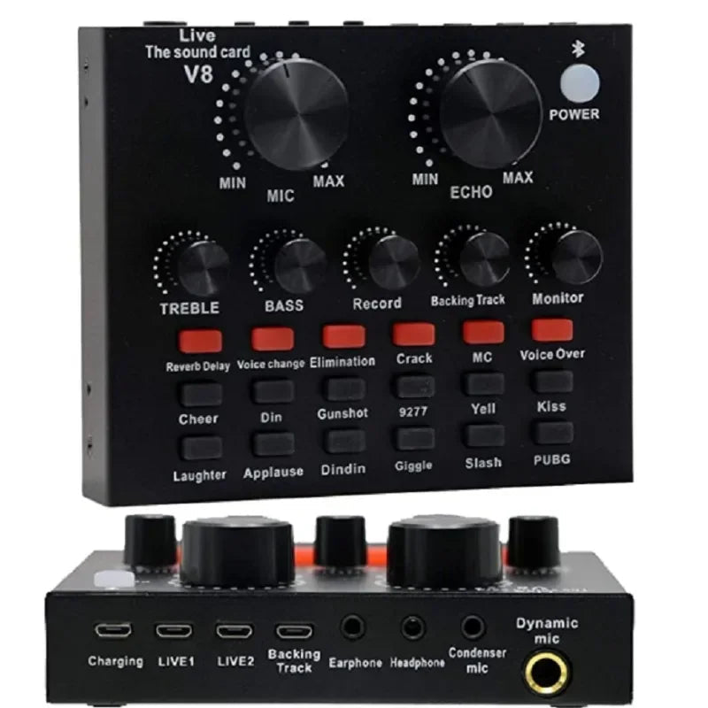 V8 Sound Card Kenya front panel showing MIC, ECHO, TREBLE, BASS knobs and sound effect buttons with rear port layout