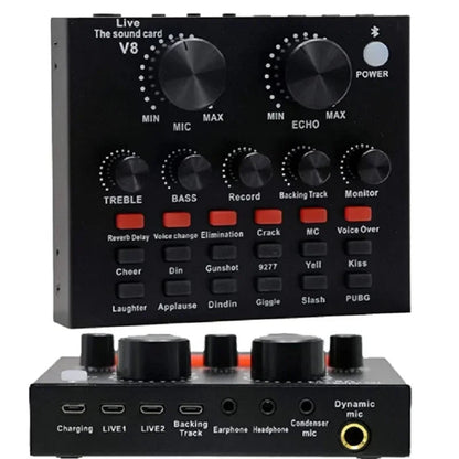 V8 Sound Card Kenya front panel showing MIC, ECHO, TREBLE, BASS knobs and sound effect buttons with rear port layout