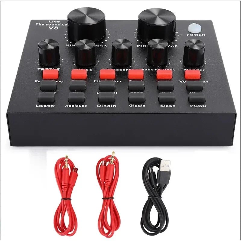 V8 Sound Card Kenya top-angle view with two red 3.5mm audio cables and black USB cable accessory set