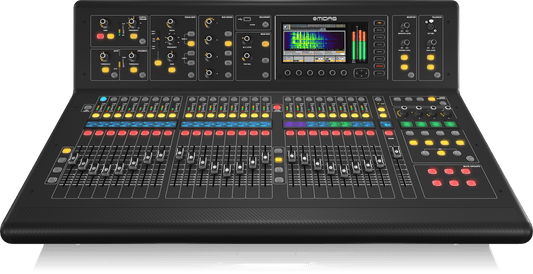 Midas M32 Kenya — front view, full console showing 25 motorized faders, color TFT display, and channel strips`
