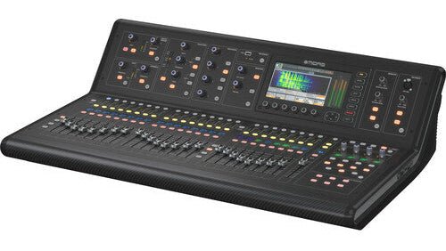 Midas M32 Kenya digital mixer — angled left view showing fader bank, top panel controls, and 7-inch display`