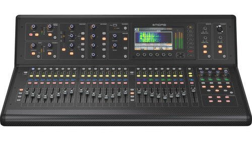 Midas M32 Kenya 40-input console — straight-on elevated angle showing complete top panel and fader layout