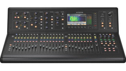 Midas M32 Kenya 40-input console — straight-on elevated angle showing complete top panel and fader layout