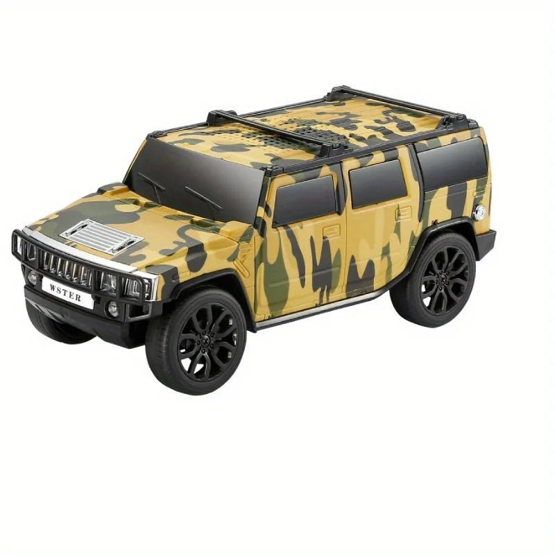 WS-690 model car Bluetooth speaker Kenya camouflage edition, side three-quarter view showing roof rack detail
