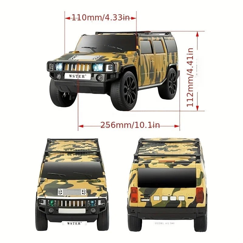 WS-690 model car Bluetooth speaker Kenya camouflage edition with dimensions 256x110x112mm, front and rear views