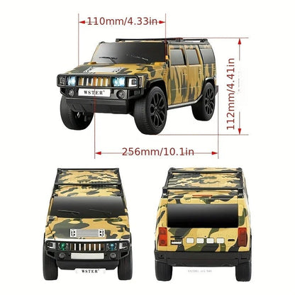 WS-690 model car Bluetooth speaker Kenya camouflage edition with dimensions 256x110x112mm, front and rear views