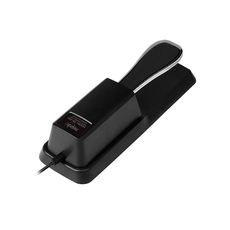 Musedo TB-005 sustain pedal Kenya — 3/4 angle view showing chrome tread, black body and Musedo model label
