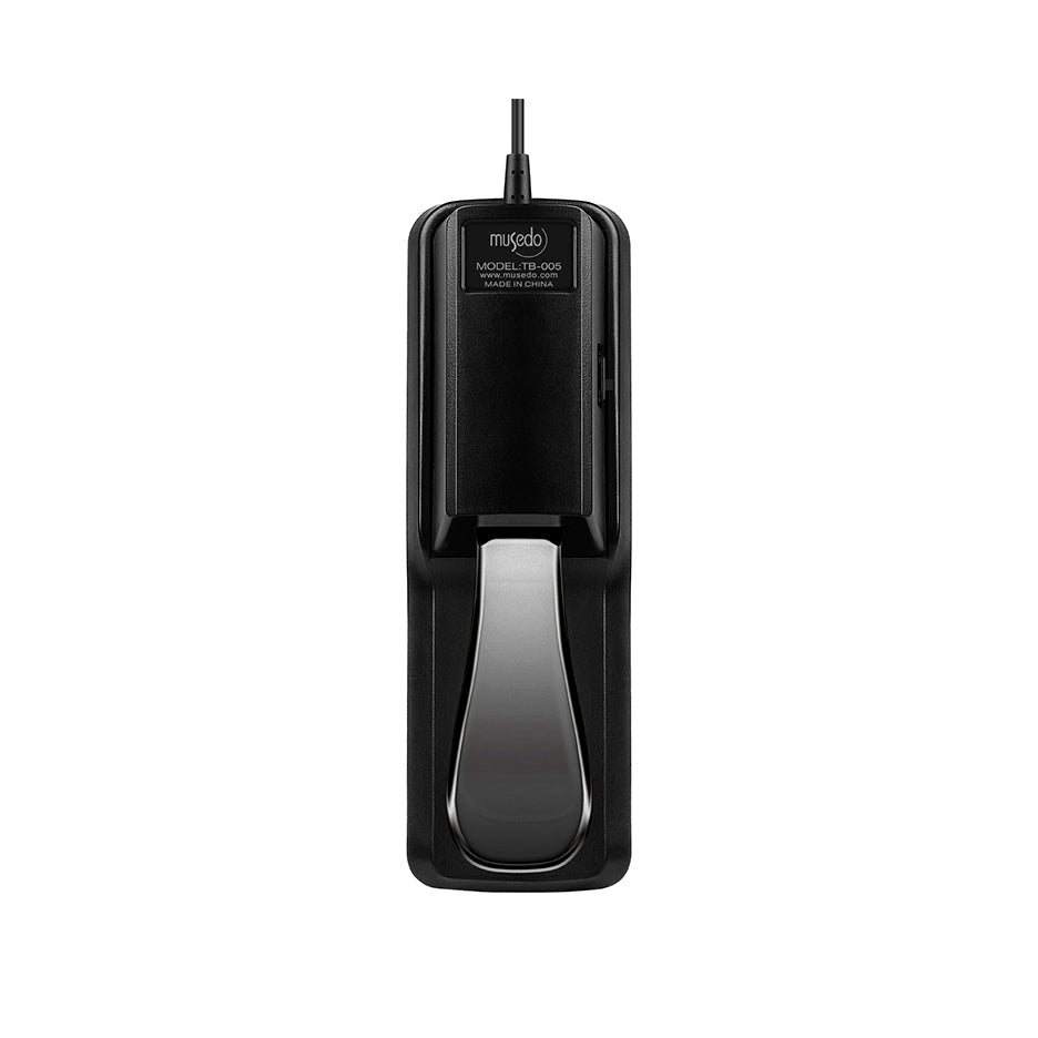 Musedo TB-005 sustain pedal Kenya — top-down front view showing chrome footpad and model label on body