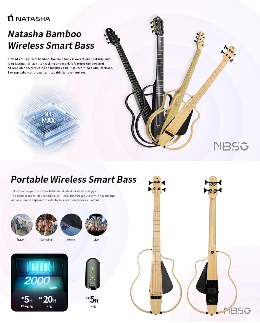 Natasha NBSG Bass Guitar – Smart Wireless Portable Electric Acoustic Bass