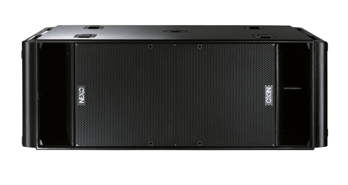 NEXO RS18 subwoofer Kenya — dual 18" front-facing grille view, black horizontal bass cabinet