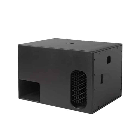 NEXO RS18 subwoofer Kenya — dual 18" bass cabinet, 3/4 front-left view, black enclosure