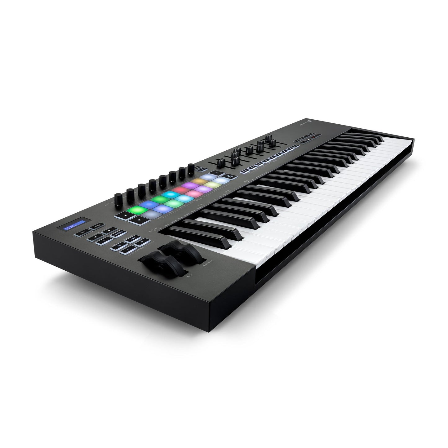 Novation Launchkey 49 MK3 top view showing 9 faders, 8 knobs and transport controls