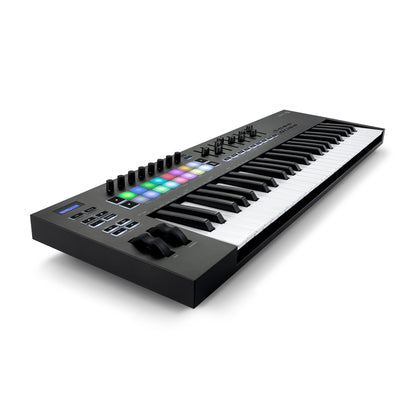Novation Launchkey 49 MK3 top view showing 9 faders, 8 knobs and transport controls