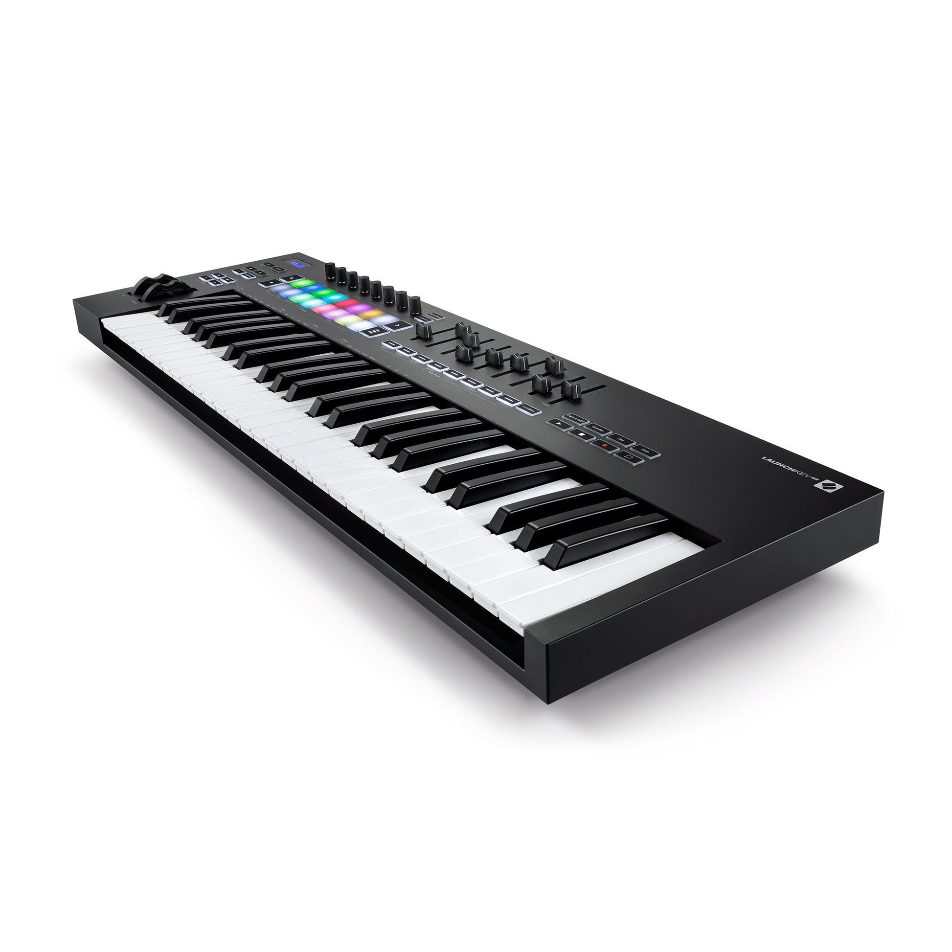 Novation Launchkey 49 MK3 right side view showing 49 velocity-sensitive keys and RGB pads