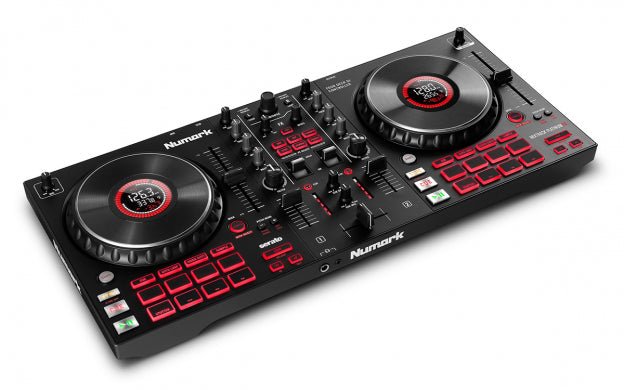 Numark Mixtrack Platinum FX 4 Kenya angled front-left view showing jog wheels, performance pads and mixer section