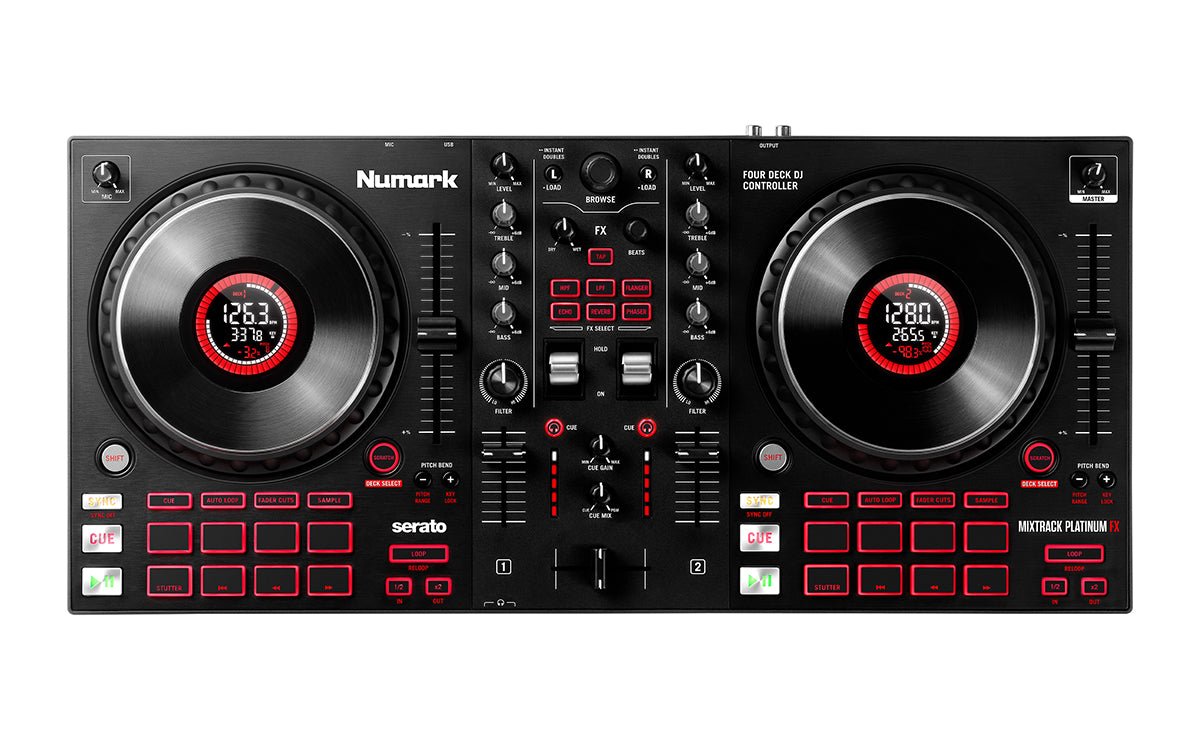 Numark Mixtrack Platinum FX 4 Kenya top-down view showing jog wheel displays, FX section and 16 performance pads