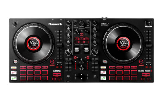 Numark Mixtrack Platinum FX 4 Kenya top-down view showing jog wheel displays, FX section and 16 performance pads