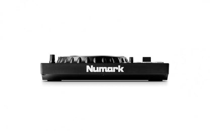 Numark Mixtrack Platinum FX 4 Kenya left side profile showing slim chassis depth and Numark logo